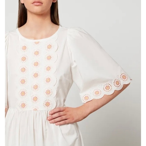SEE BY CHLOE Floral Eyelet Embroidered Puff Short Sleeve Scalloped Midi Dress 6 - Picture 11 of 16